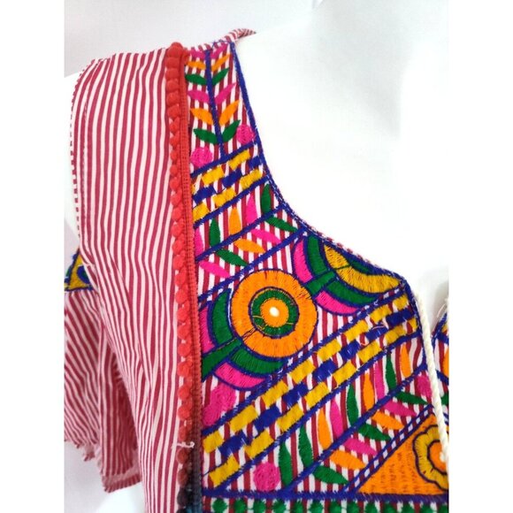 SAHIBA Stripe Flower Pot Patio House Dress TASSELS Red White L/XL - Picture 12 of 16